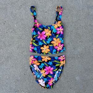 VTG 90s Catalina neon hibiscus tropical floral high rise tankini bikini S/M